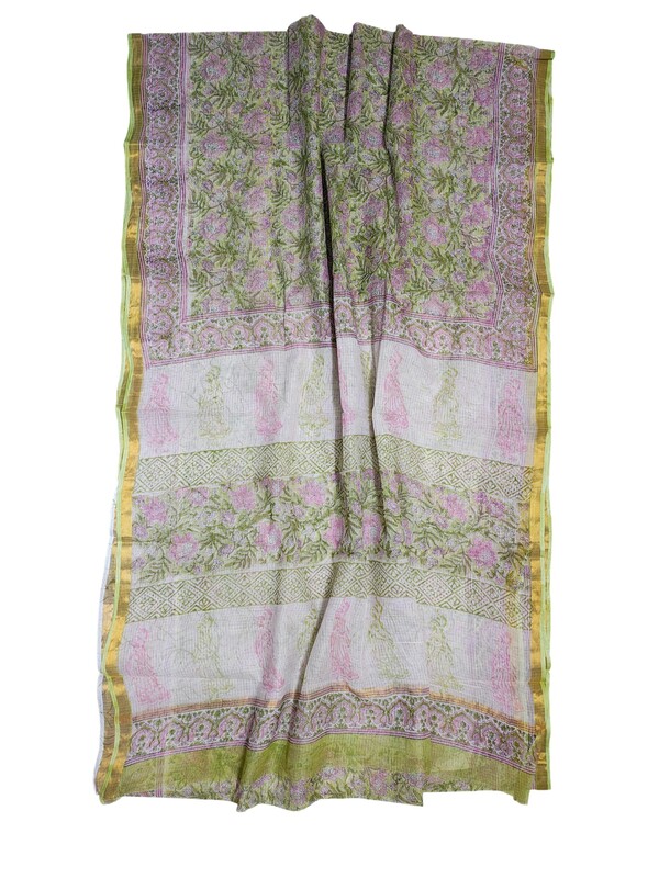 Olive Green Kota Doria Hand Block Print Saree for Women