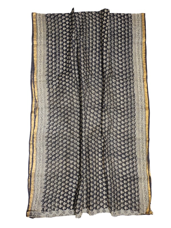 Black Kota Doria Hand Block Print Saree for Women