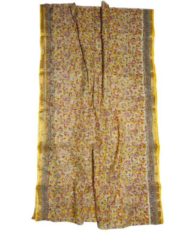 Yellow Kota Doria Hand Block Print Saree for Women