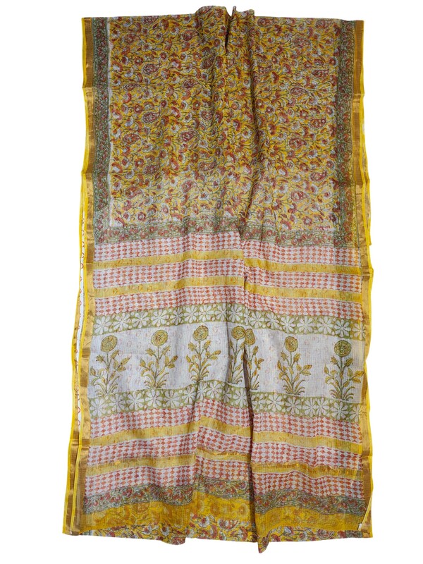 Yellow Kota Doria Hand Block Print Saree for Women