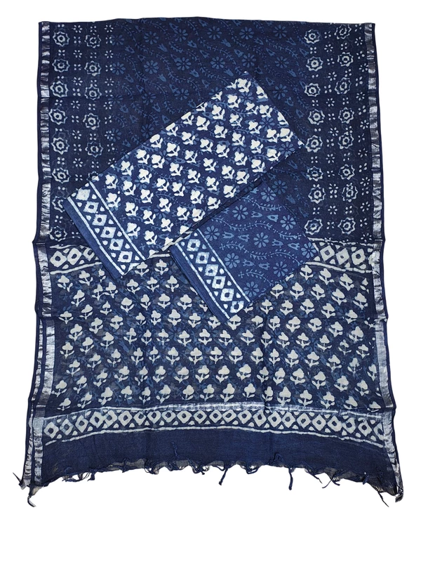 Indigo & Green Unstitched Hand block Print Cotton Salwar Suit Set with Linen Dupatta for Women