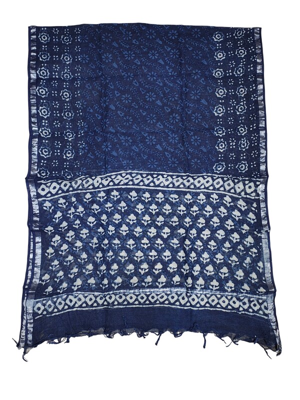 Indigo & Green Unstitched Hand block Print Cotton Salwar Suit Set with Linen Dupatta for Women