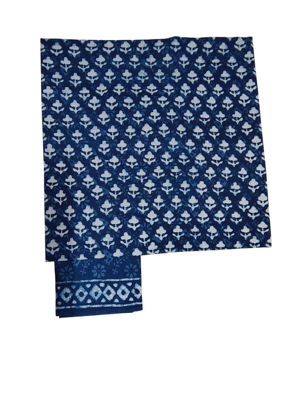 Indigo & Green Unstitched Hand block Print Cotton Salwar Suit Set with Linen Dupatta for Women