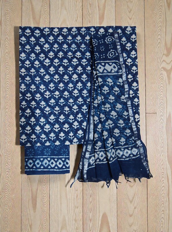 Indigo & Green Unstitched Hand block Print Cotton Salwar Suit Set with Linen Dupatta for Women