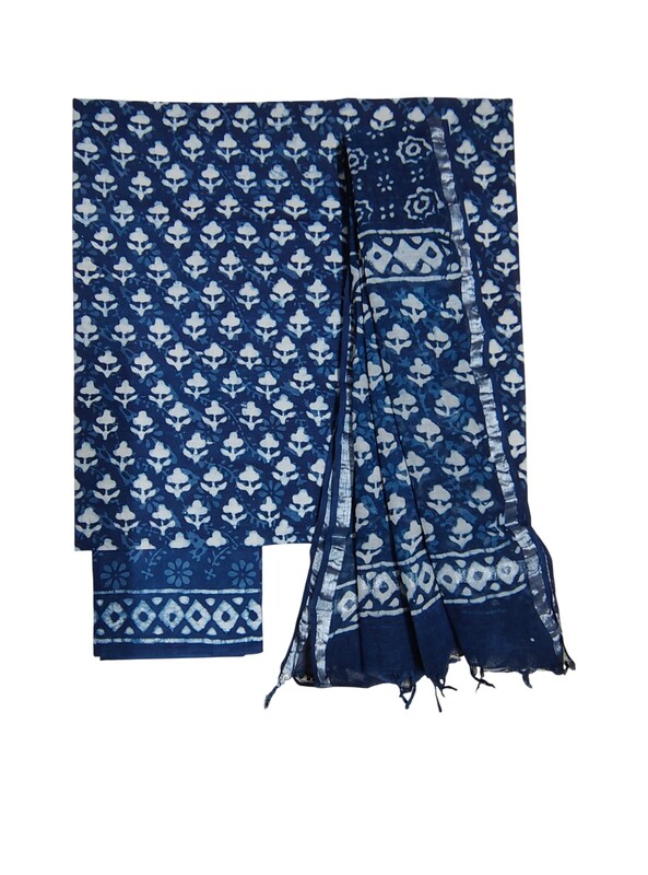 Indigo & Green Unstitched Hand block Print Cotton Salwar Suit Set with Linen Dupatta for Women