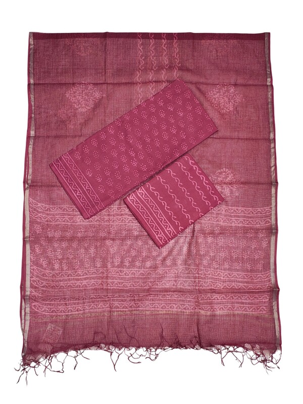 Wine Kota Doria Hand block Print Unstitched Suit Set