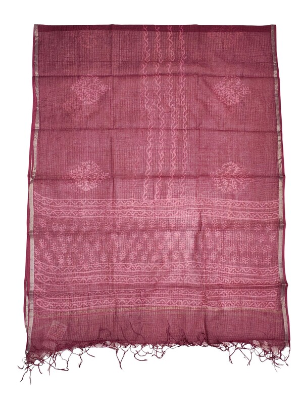 Wine Kota Doria Hand block Print Unstitched Suit Set