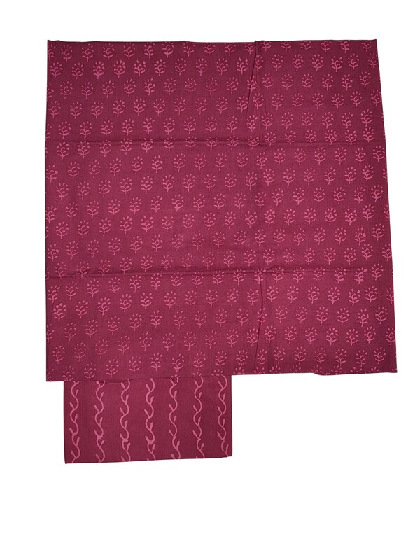 Wine Kota Doria Hand block Print Unstitched Suit Set