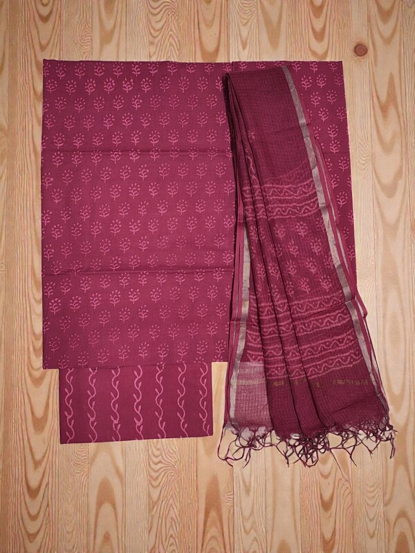 Wine Kota Doria Hand block Print Unstitched Suit Set