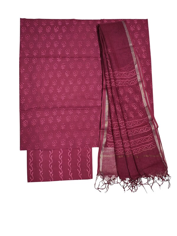 Wine Kota Doria Hand block Print Unstitched Suit Set