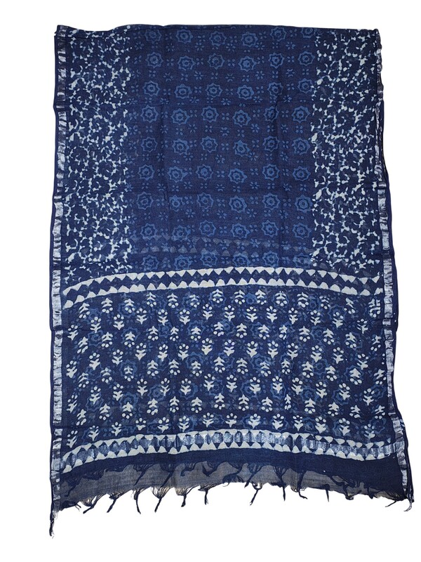 Indigo Dabu Print Cotton Dress Materials with Linen Dupatta for Women