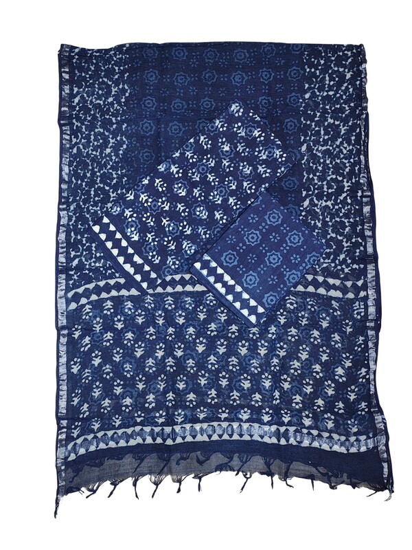 Indigo Dabu Print Cotton Dress Materials with Linen Dupatta for Women