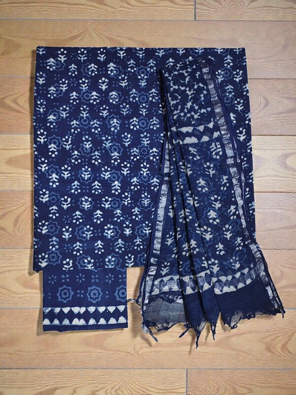 Indigo Dabu Print Cotton Dress Materials with Linen Dupatta for Women