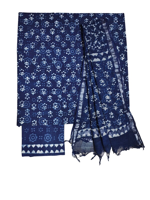Indigo Dabu Print Cotton Dress Materials with Linen Dupatta for Women