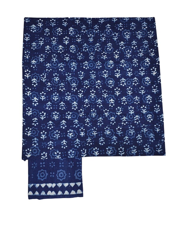 Indigo Dabu Print Cotton Dress Materials with Linen Dupatta for Women
