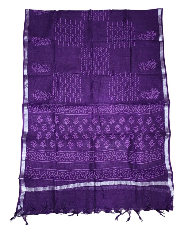 Purple Hand Block Print Cotton Dress Materials with Linen Dupatta for Women