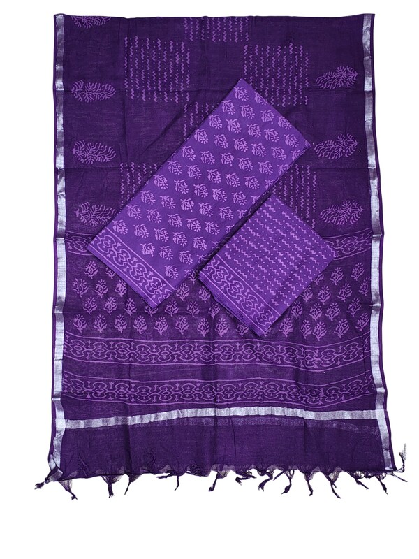 Purple Hand Block Print Cotton Dress Materials with Linen Dupatta for Women