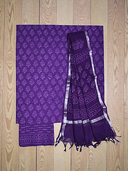 Purple Hand Block Print Cotton Dress Materials with Linen Dupatta for Women