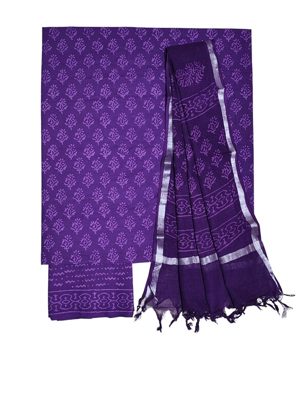Purple Hand Block Print Cotton Dress Materials with Linen Dupatta for Women