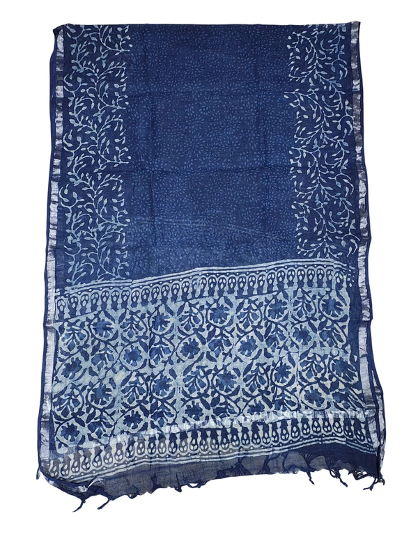 Indigo Dabu Print Pure Cotton Dress Materials with Linen Dupatta for Women