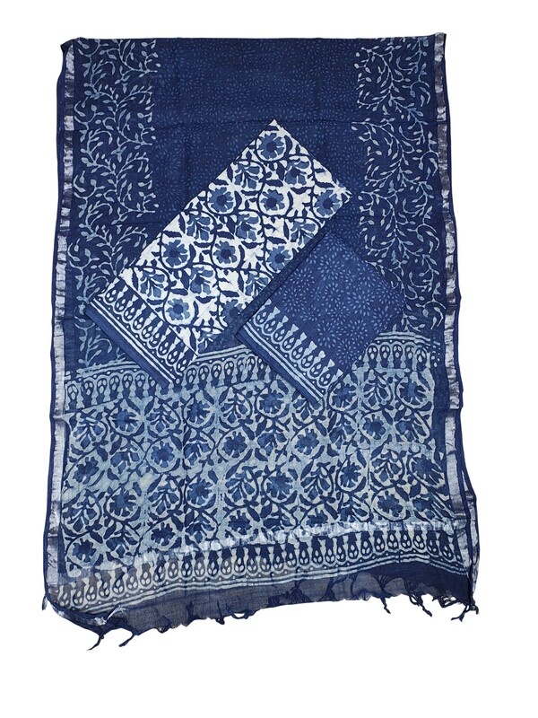 Indigo Dabu Print Pure Cotton Dress Materials with Linen Dupatta for Women