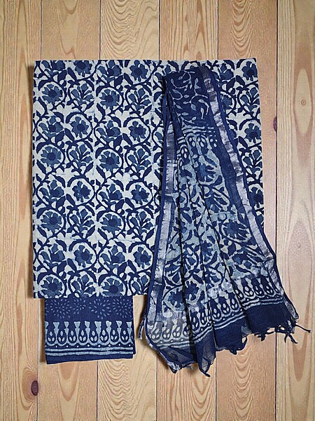 Indigo Dabu Print Pure Cotton Dress Materials with Linen Dupatta for Women