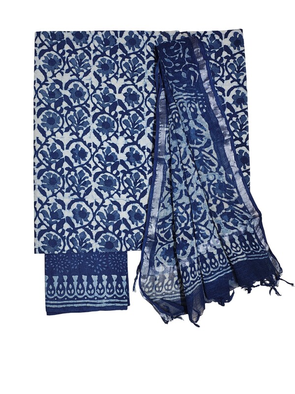 Indigo Dabu Print Pure Cotton Dress Materials with Linen Dupatta for Women