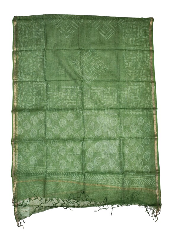 Green Kota Doria Hand block Print Unstitched Suit Set