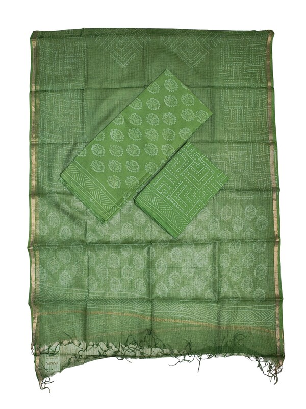 Green Kota Doria Hand block Print Unstitched Suit Set