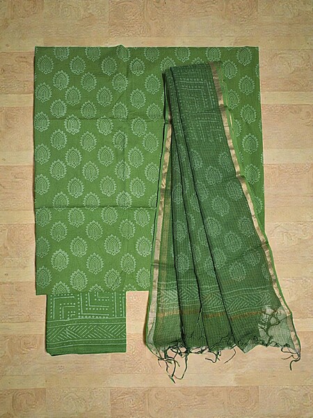 Green Kota Doria Hand block Print Unstitched Suit Set