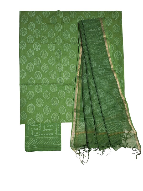 Green Kota Doria Hand block Print Unstitched Suit Set