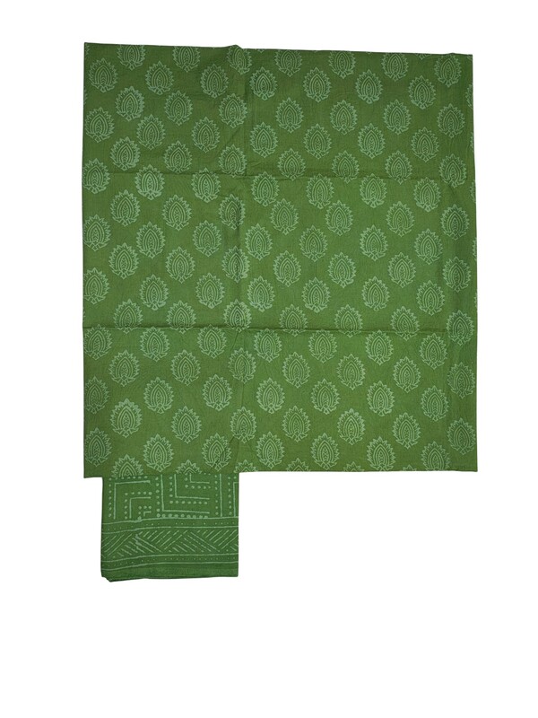Green Kota Doria Hand block Print Unstitched Suit Set