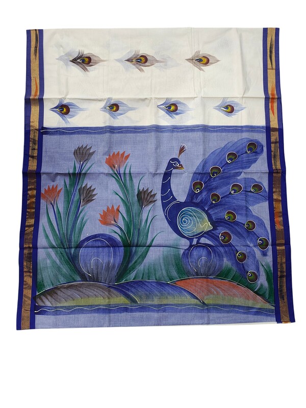 Blue & White Mangalagiri Cotton Brush Paint Saree with Blouse Piece