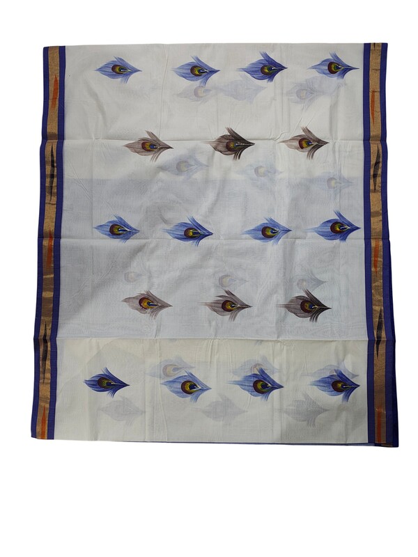 Blue & White Mangalagiri Cotton Brush Paint Saree with Blouse Piece