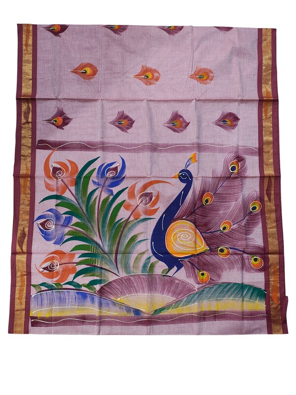 Pink Mangalagiri Cotton Brush Paint Saree with Blouse Piece