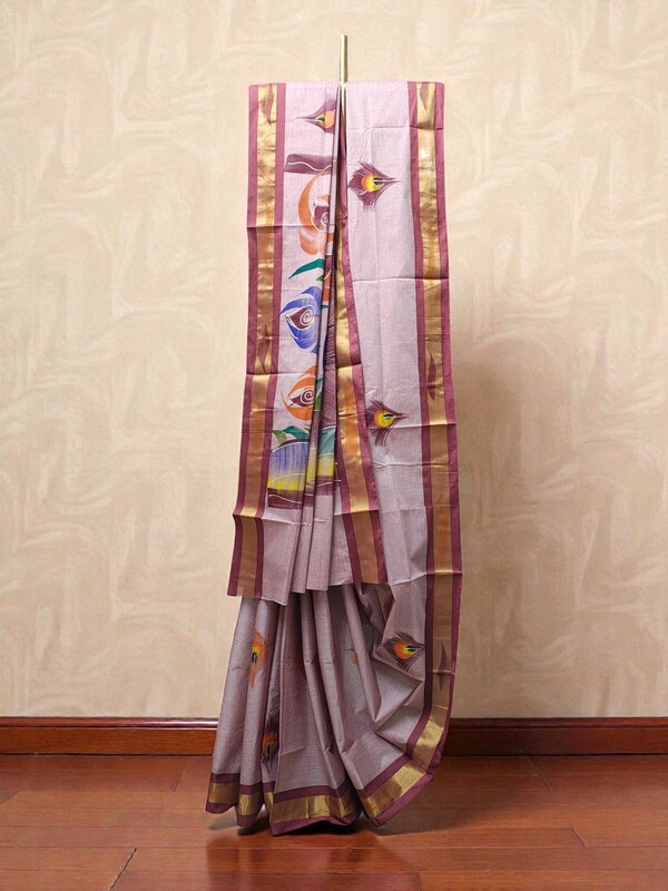 Pink Mangalagiri Cotton Brush Paint Saree with Blouse Piece