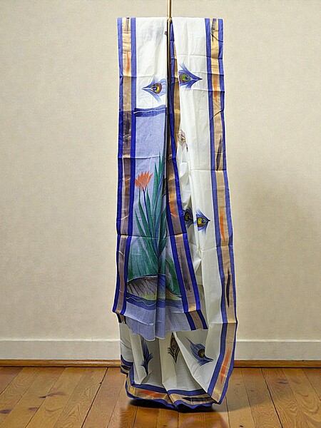 Blue & White Mangalagiri Cotton Brush Paint Saree with Blouse Piece