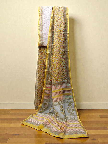 Yellow Kota Doria Hand Block Print Saree for Women