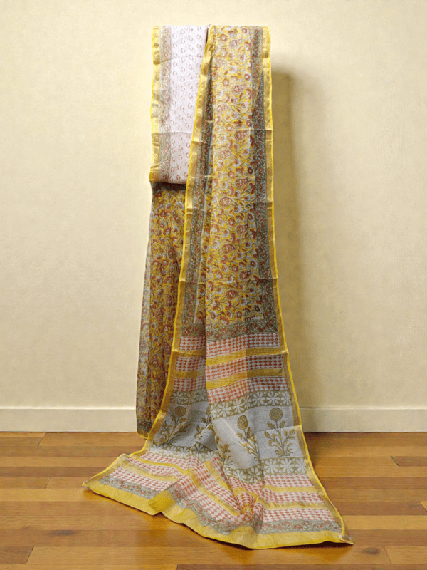 Yellow Kota Doria Hand Block Print Saree for Women
