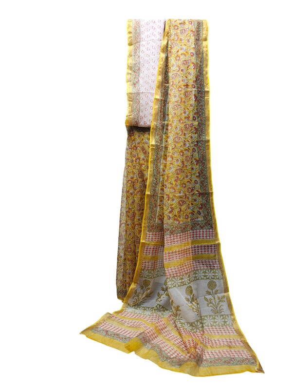 Yellow Kota Doria Hand Block Print Saree for Women