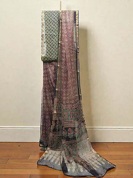 Wine Kota Doria Hand Block Print Saree for Women