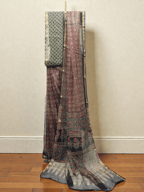 Wine Kota Doria Hand Block Print Saree for Women