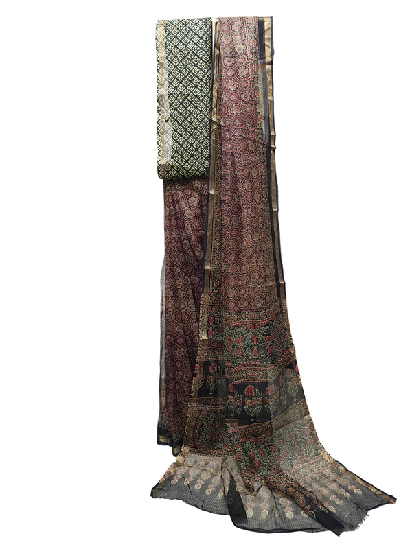 Wine Kota Doria Hand Block Print Saree for Women