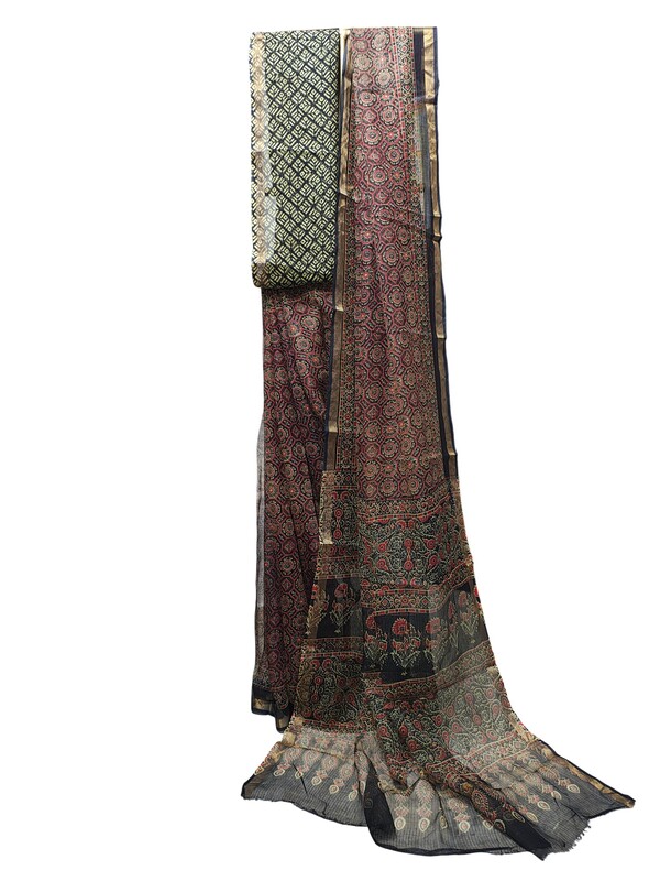 Wine Kota Doria Hand Block Print Saree for Women