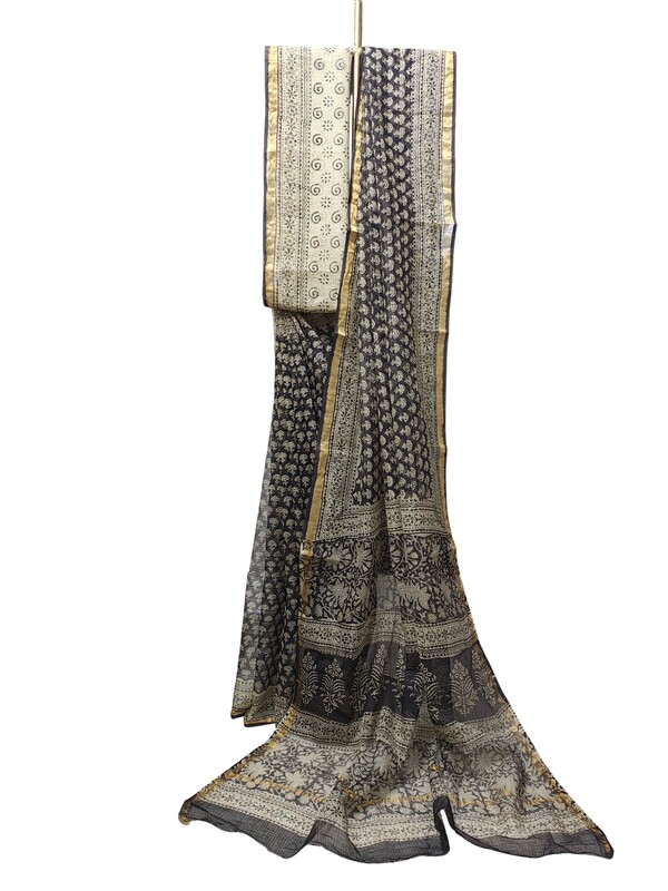 Black Kota Doria Hand Block Print Saree for Women