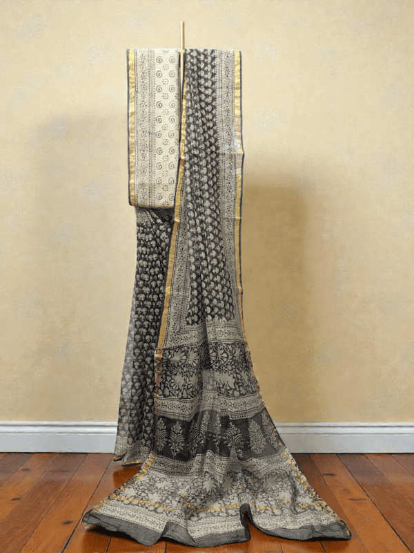 Black Kota Doria Hand Block Print Saree for Women