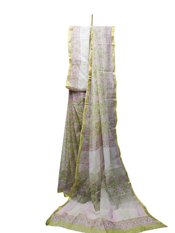 Olive Green Kota Doria Hand Block Print Saree for Women