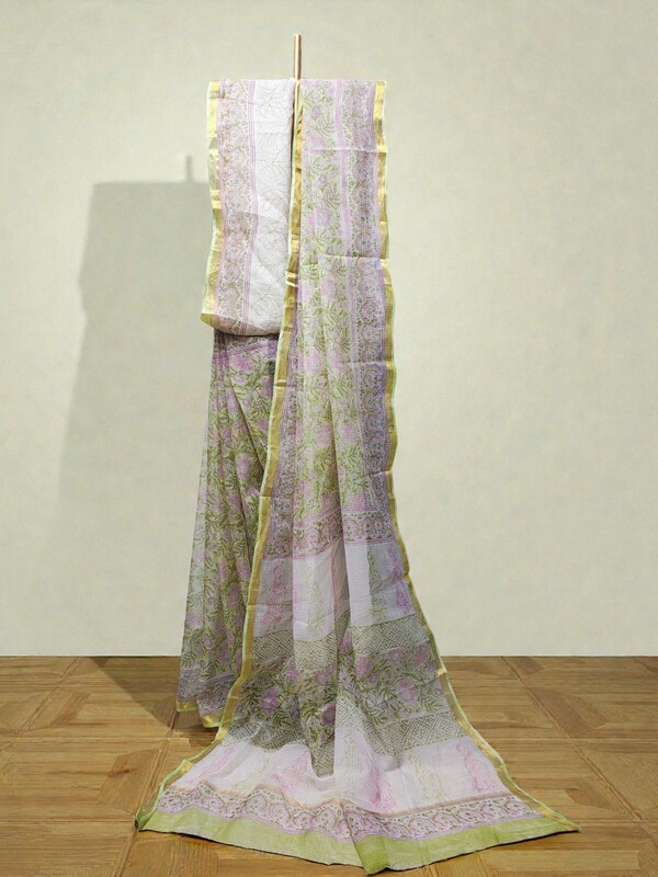 Olive Green Kota Doria Hand Block Print Saree for Women