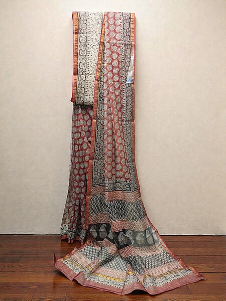 Red Kota Doria Hand Block Print Saree for Women