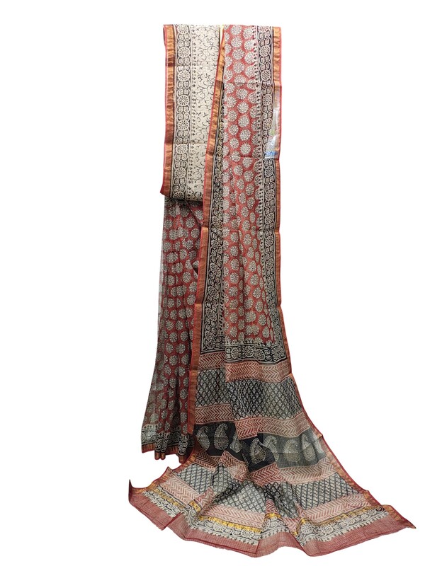 Red Kota Doria Hand Block Print Saree for Women